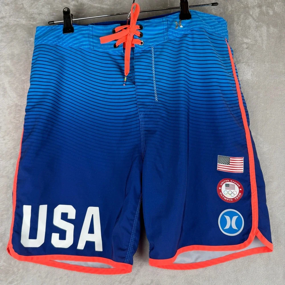 Hurley Phantom‎ Mens USA Olympic Team Board Shorts Blue Orange Striped Size 32